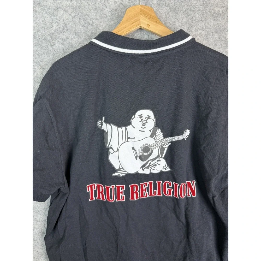 True Religion Polo Shirt Men's XL Rugby Short Sleeve Tipped Logo Graphic‎ Black